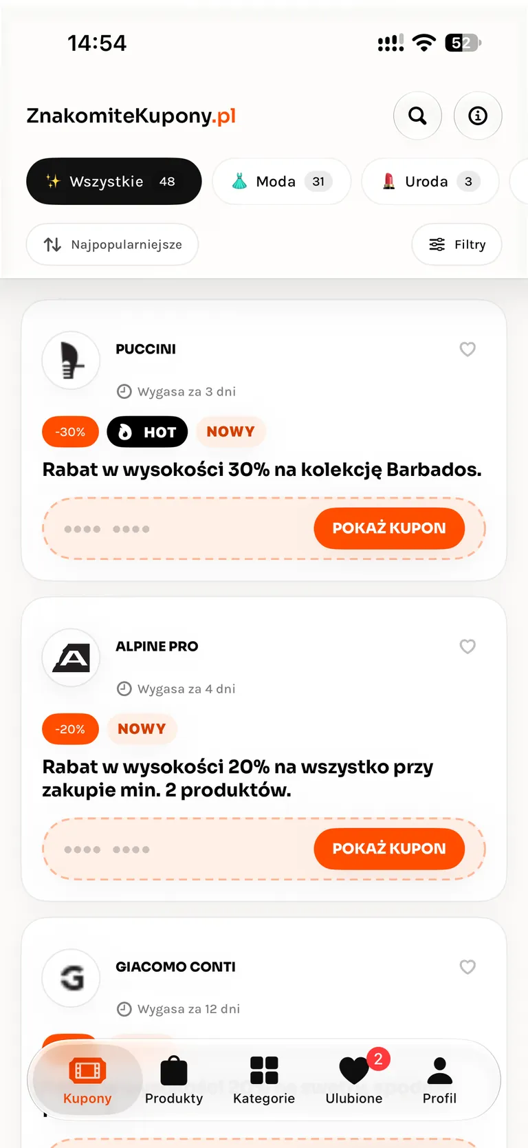 Ekran aplikacji ZnakomiteKupony na iPhone: lista kodów rabatowych z przyciskiem Pokaż kupon